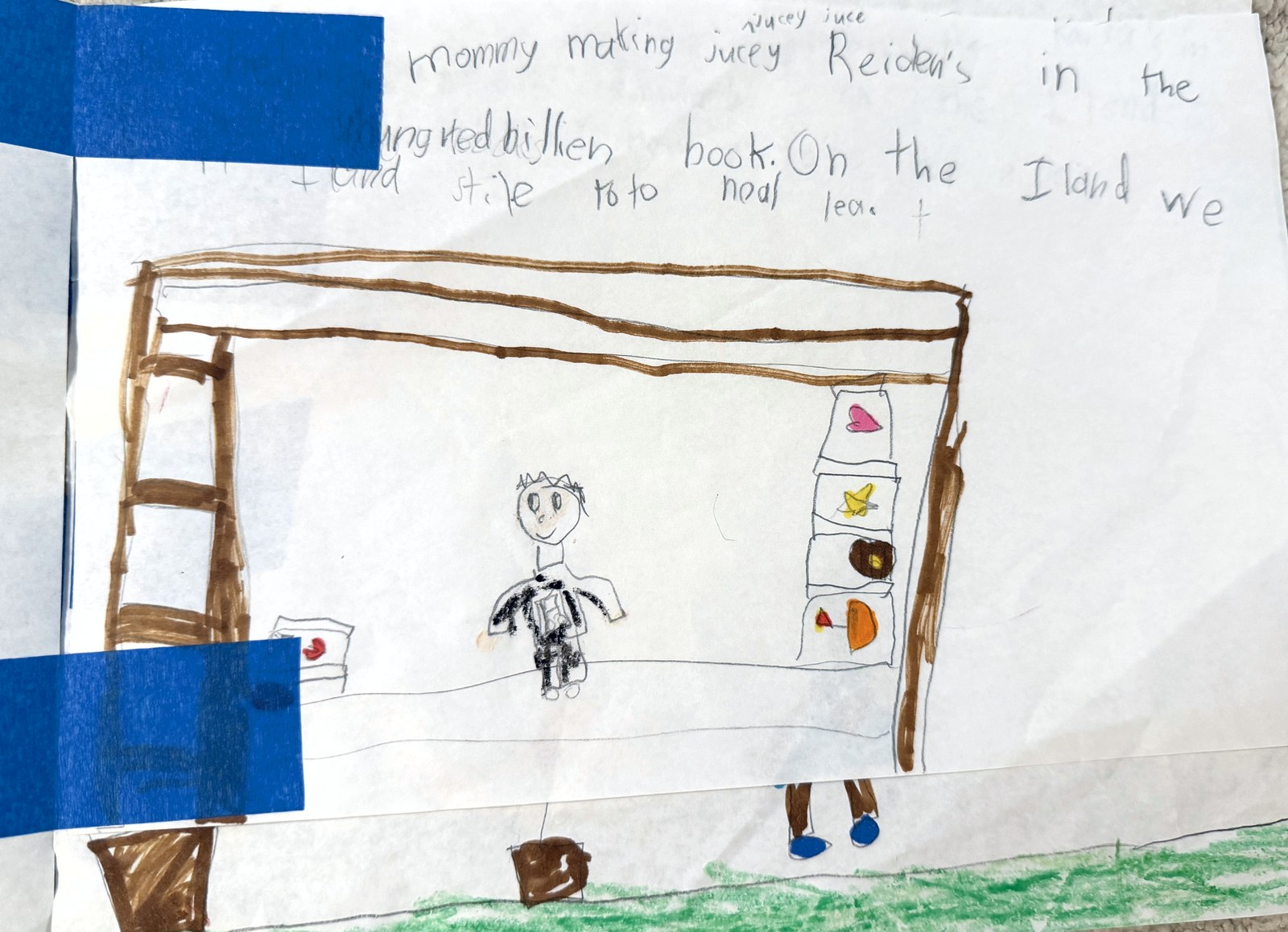A crayon and marker drawing of a kitchen with a wooden frame, a child standing inside, and shelves of food, with handwritten words above it