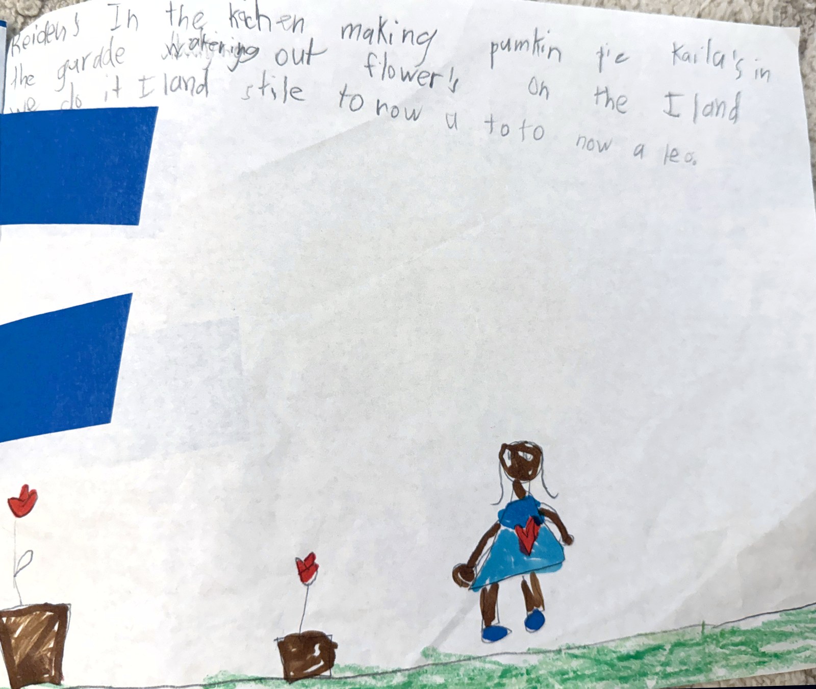 A drawing of a girl in a blue dress standing on green grass, watering red flowers in brown pots